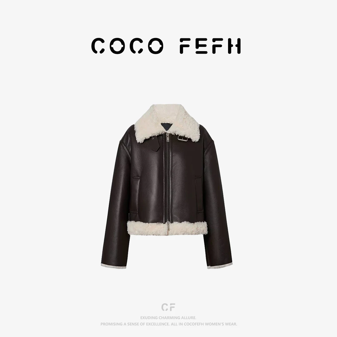 【DZ】容诺2025冬新品机车风素皮毛领立领夹克短款外套Z8392