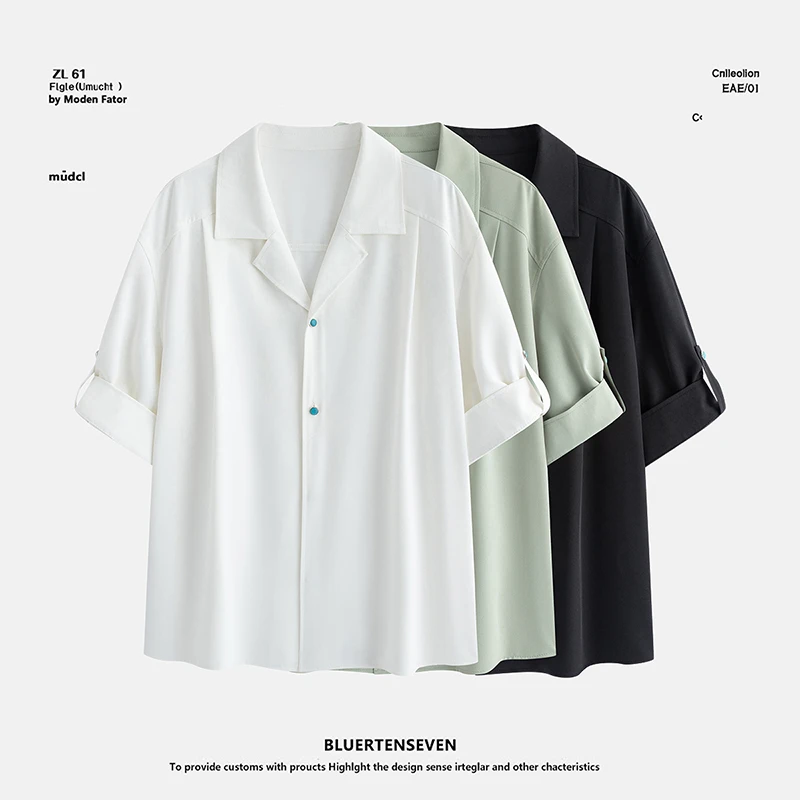 夏季新品绿松石扣设计翻领冰丝中袖衬衫