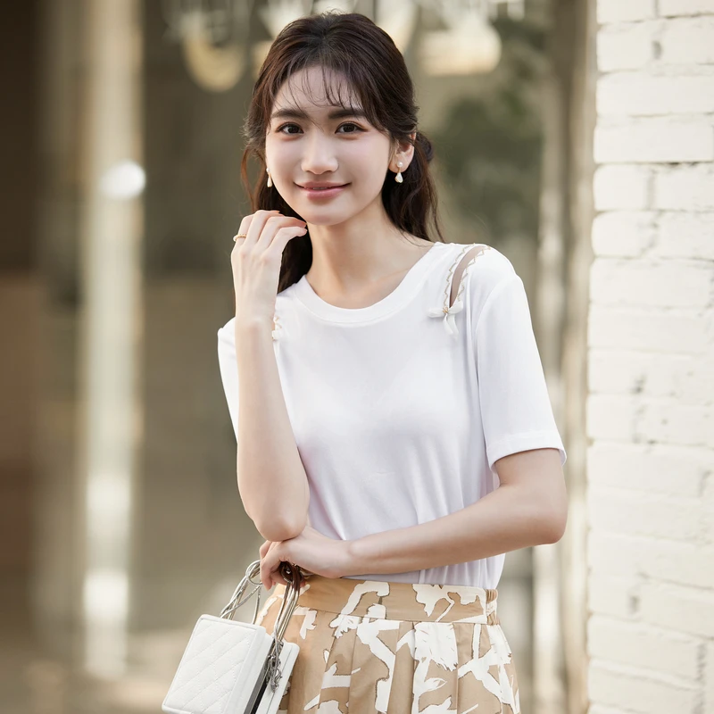 风笛2025夏季新款韩系白色设计感镂空肩短袖T恤简约宽松百搭上衣