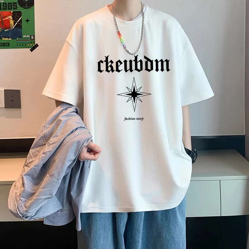 夏季纯棉短袖男t恤学生大码宽松美式休闲男女圆领印花半袖上衣服