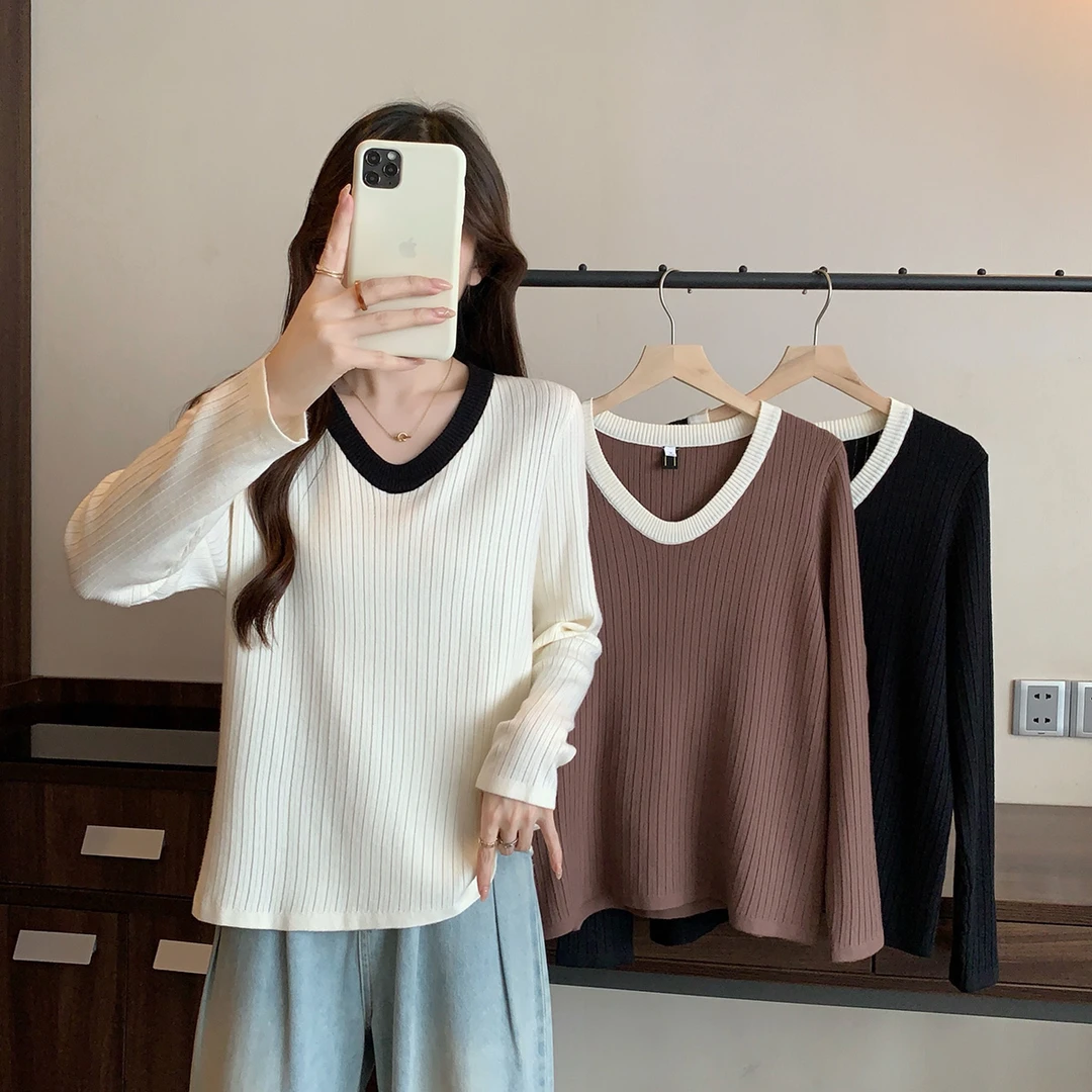 清大码秋季款休闲百搭打底针织衫胖妹妹正肩显瘦内搭V领毛衣68576