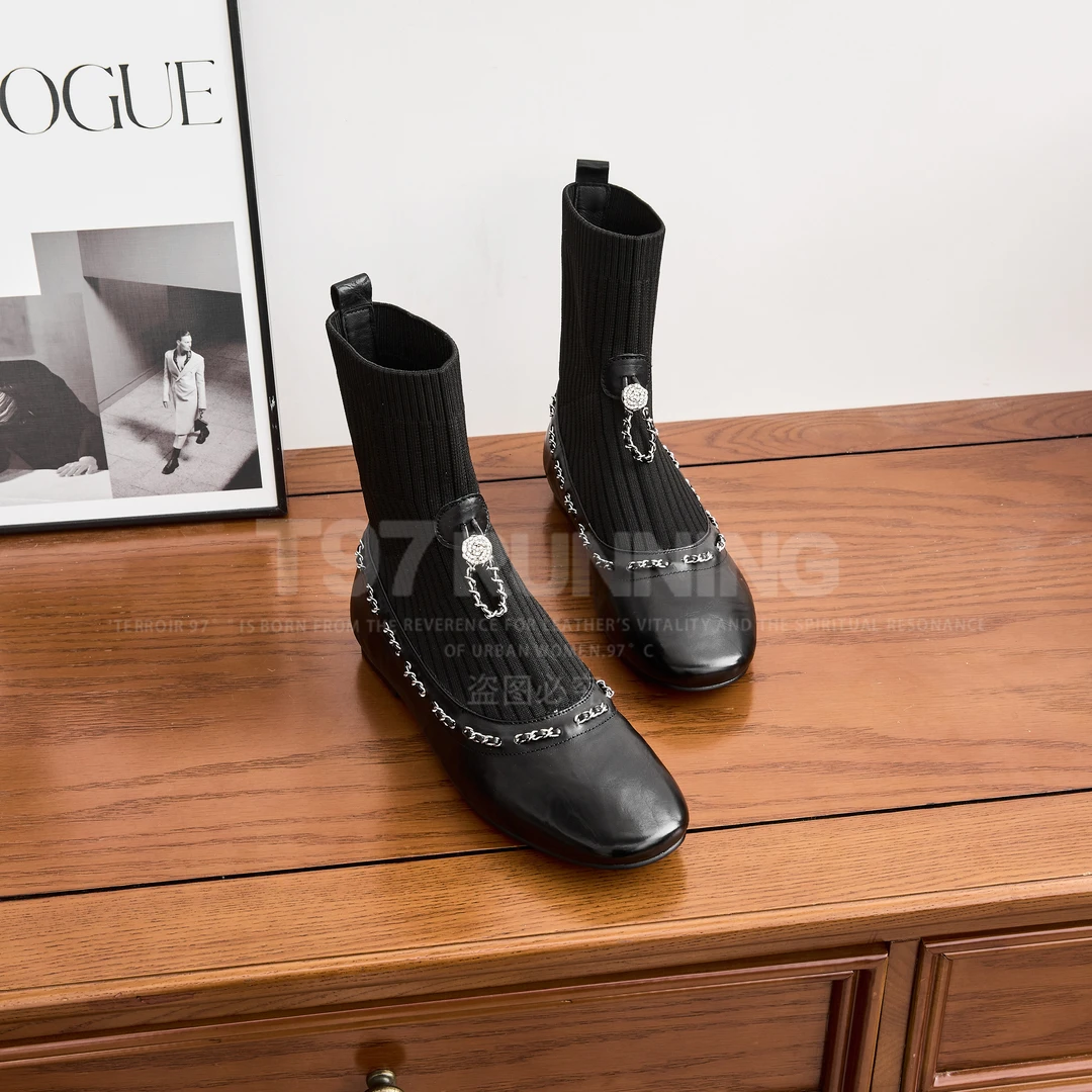 2025秋冬新款法式圆头平跟欧洲站针织一脚蹬瘦瘦靴裸靴X0325