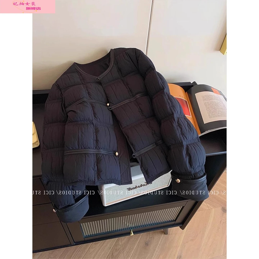 妃袖黑色小香风圆领菱格纹服女士冬季新款面包服加厚棉衣短款外套