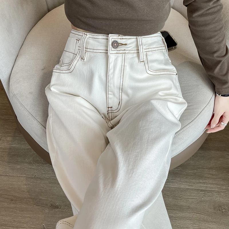 白色阔腿牛仔裤女2025秋季新款高腰宽松显瘦百搭小个子直筒拖地裤
