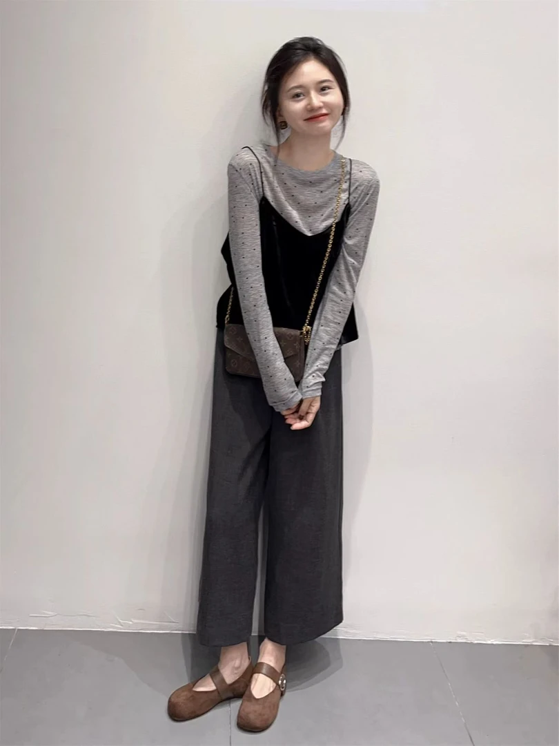 2025秋季新款法式气质波点长袖T恤丝绒吊带两件百搭休闲裤三件套