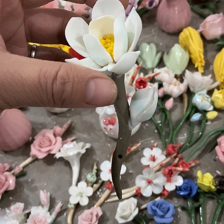 瓷片纯手工陶瓷花摆件瑕