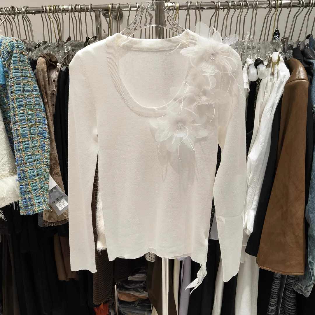 法式V领不褪色针织花朵毛针织衫白色毛衣长袖蕾丝