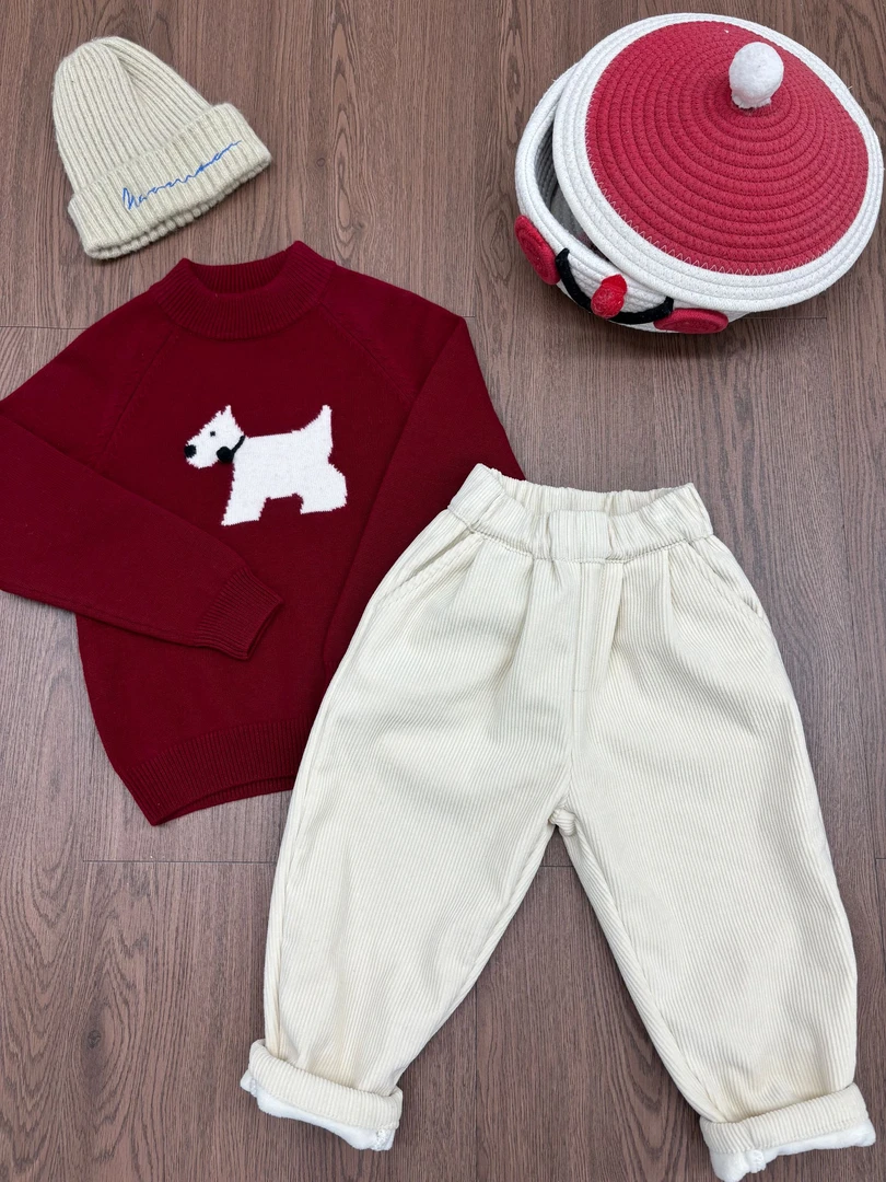 【100%全羊毛】儿童秋冬新款时尚保暖铃铛小狗针织衫圆领长袖毛衣