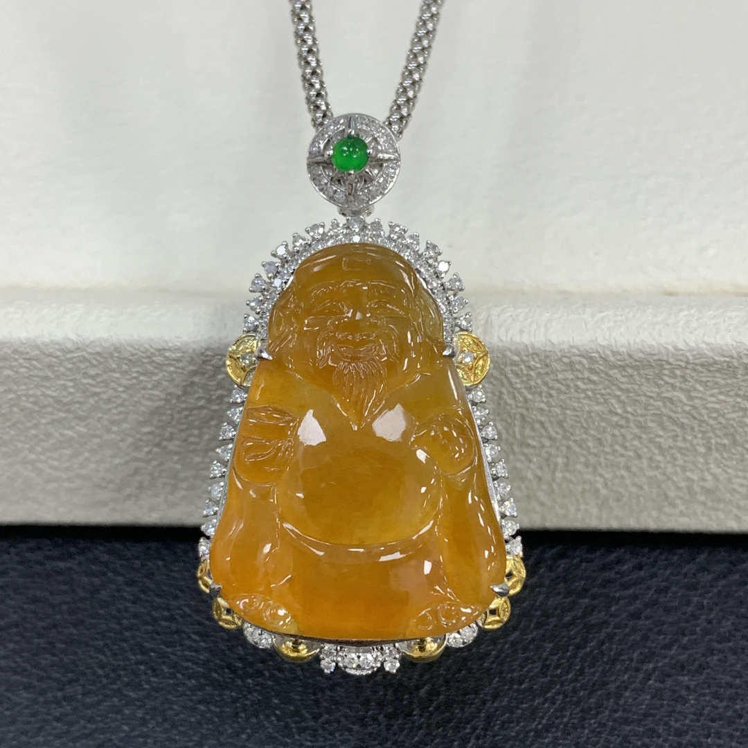 冰黄翡满色财神爷翡翠玉石豪镶缅a