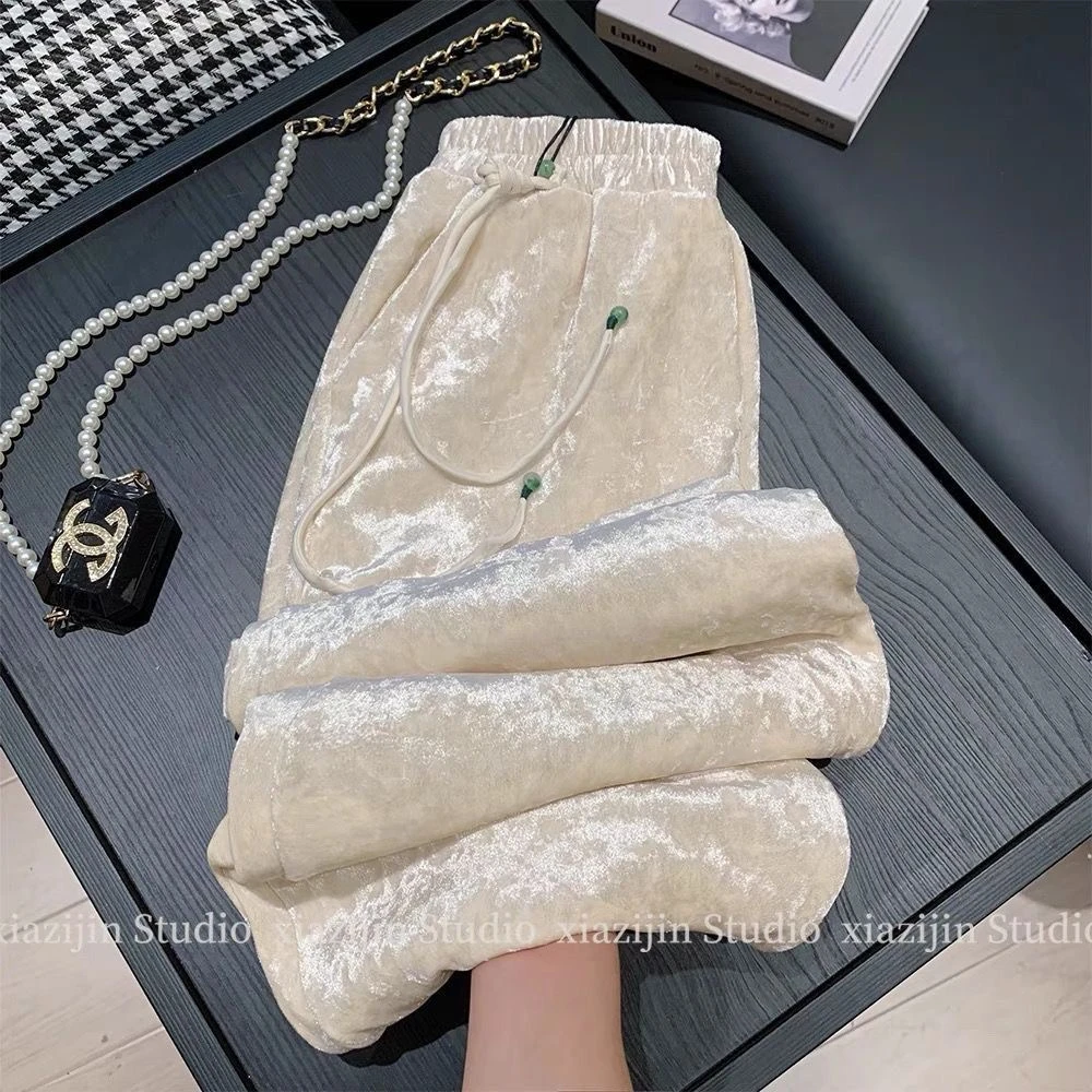 新中式丝绒长裤子女秋冬2025新款国风直筒休闲垂感宽松显瘦阔腿裤