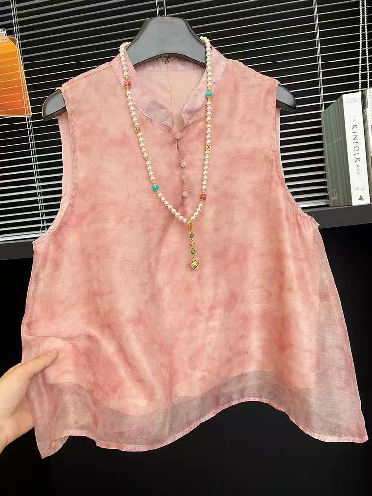 新中式高端双层粉色无袖衬衫2025夏季新款设计感别致宽松重工上衣