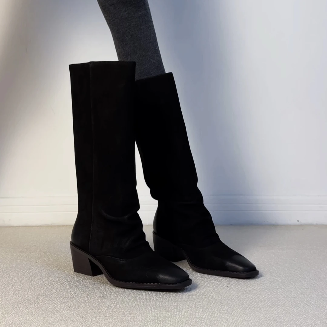 六也「复古褶皱」美拉德粗跟真皮方头烟筒百搭通勤堆堆靴女 L1195