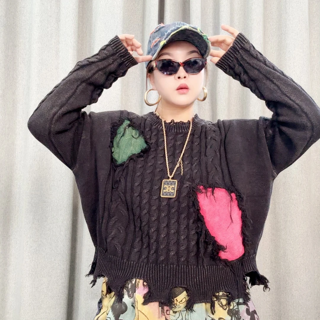 8881欧货秋季新款时尚百搭女士拼接套头宽松针织潮流气质圆领毛衣