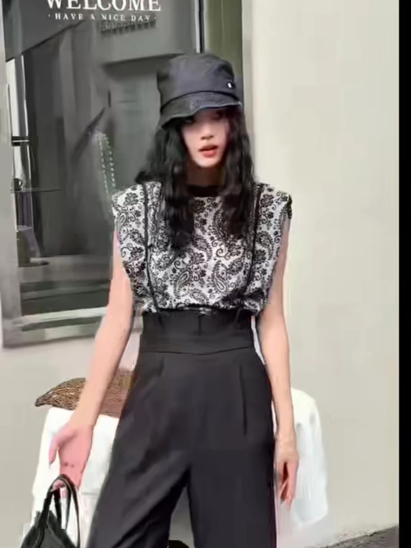 【欧货线下同款】御姐范五一必备复古短袖上衣+背带直筒长裤两件套