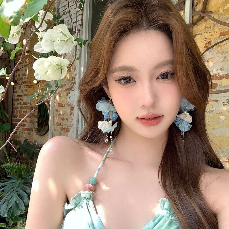 非金属布艺耳饰 夏日蓝色花朵流苏耳环绝美夸张海边度假风耳环女