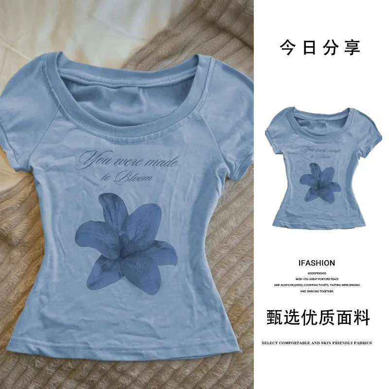 设计感复古蓝色美式印花新款短袖T恤夏季辣妹修身显瘦短款上衣ins