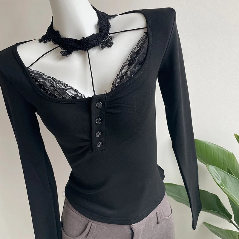 蕾丝挂脖独特绝美修身小上衣2025热辣显身材长袖女