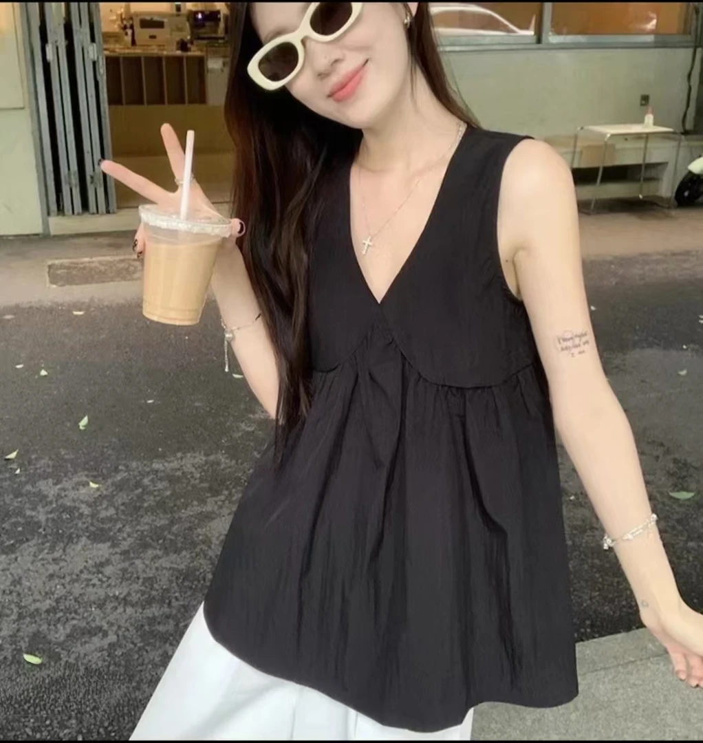 韩版遮肚黑色夏装无袖宽松型宽松遮肉吊带衫衬衫女-9011