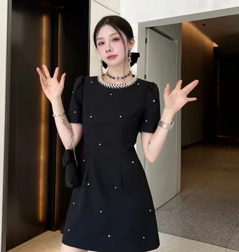 【VN】夏季小香风镶钻连衣裙泡珠重工夏季冰感透气高定款2516