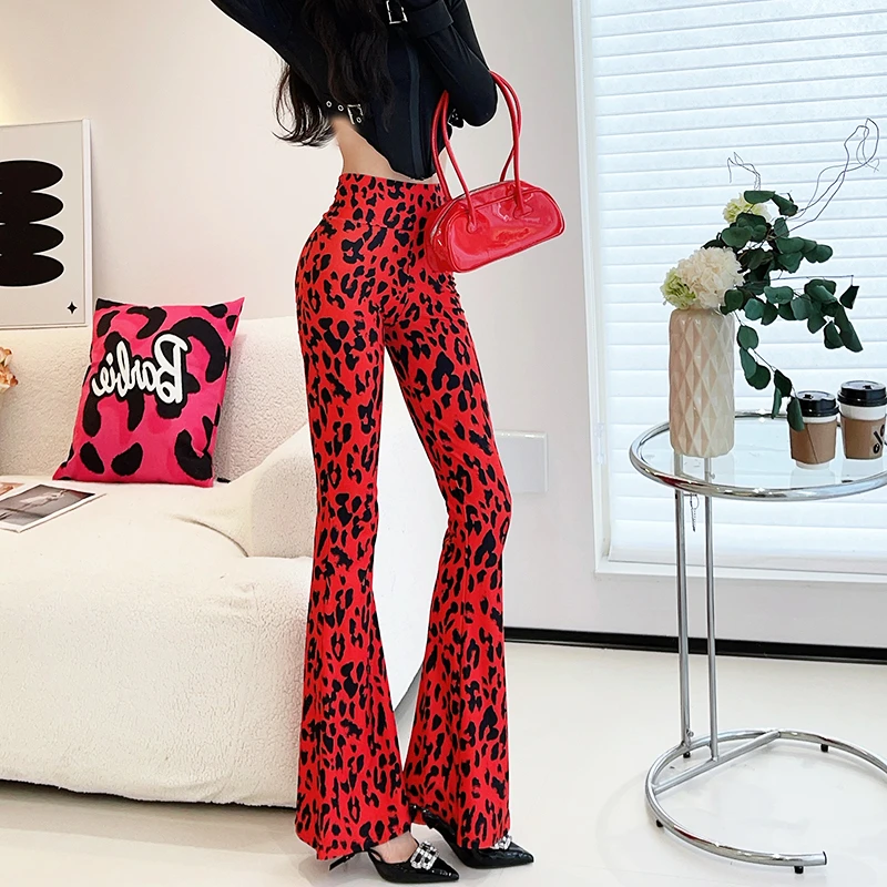 春秋薄款喇叭裤女洋气时髦个性潮牌高腰显瘦弹力印花休闲高档裤子