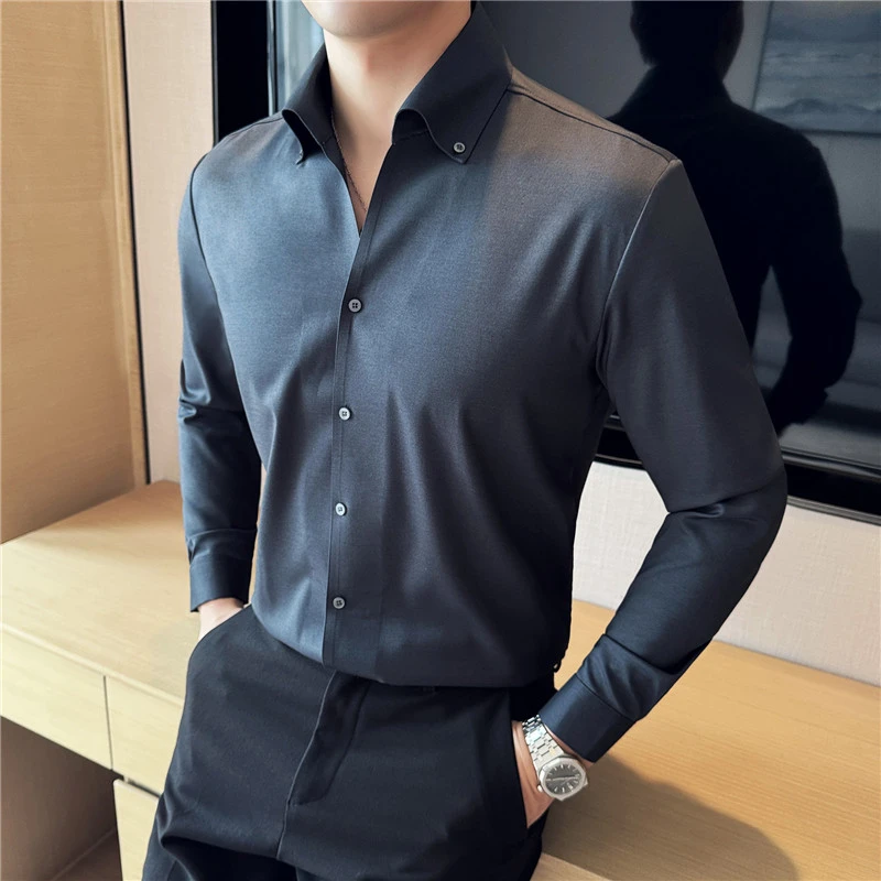 CATIA SELI高级感无痕压胶垂感衬衫男士春秋季纯色尖领长袖衬衣