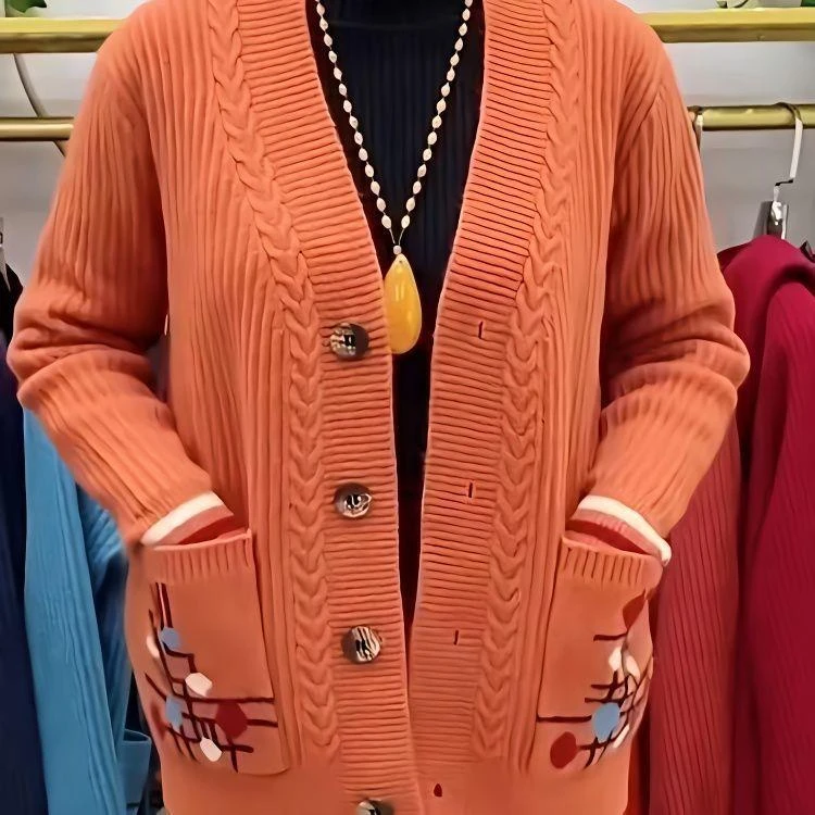 2023年双兜圆圈针织衫开衫妈妈装打底衫外套爆款高档洋气宽松上衣