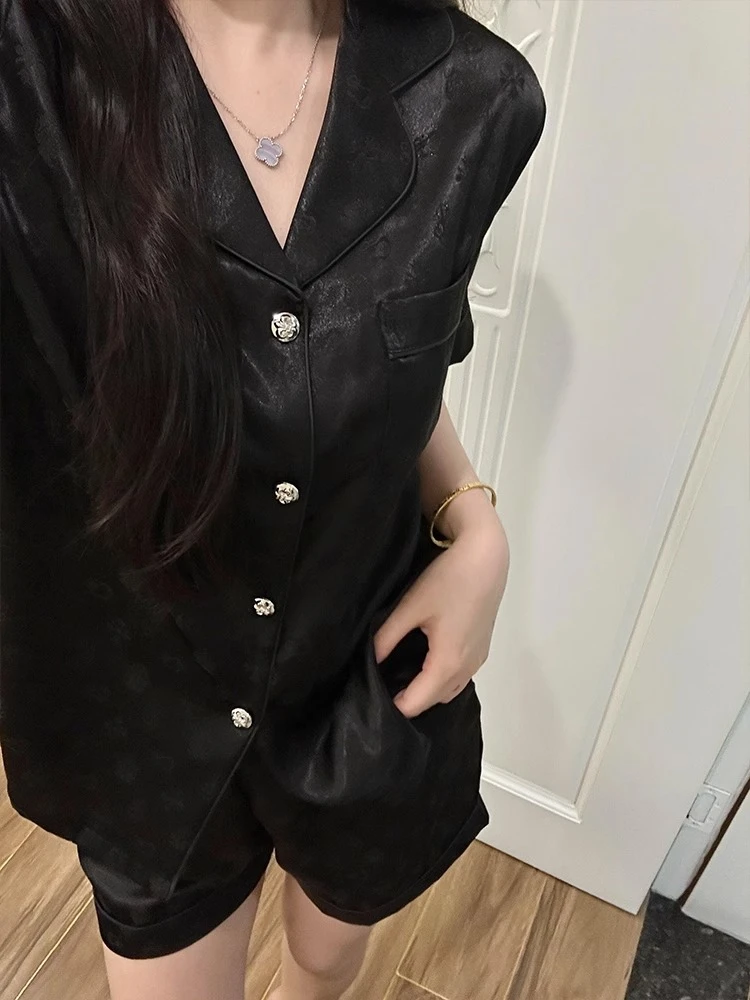 【DMXJ大梦想家】套装舒适缎面冰丝黑色短袖睡衣女夏短裤居家服