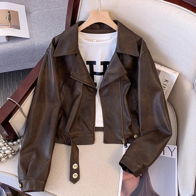 棕咖色pu皮衣外套女短款2025年秋季新款美式复古西装翻领机车夹克