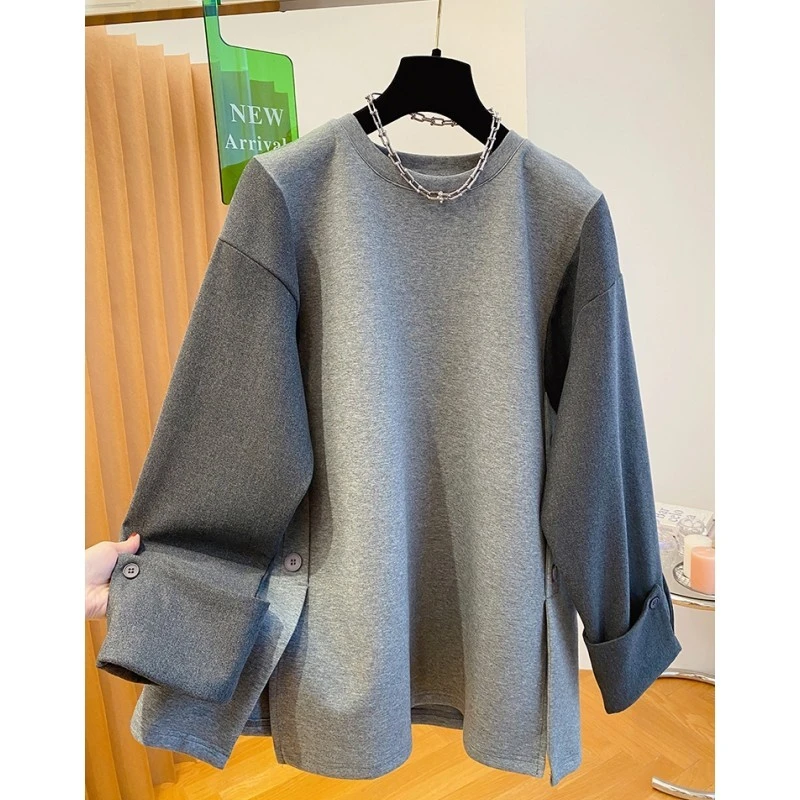 深圳南油高端欧货灰色卫衣女中长款遮屁股宽松大版西装袖拼接上衣
