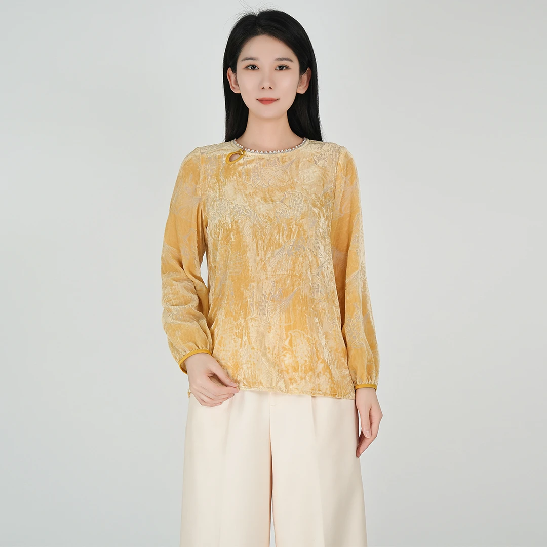 浒城古娘秋季新款长袖女圆领中式显瘦百搭通勤T恤上衣WH05006801