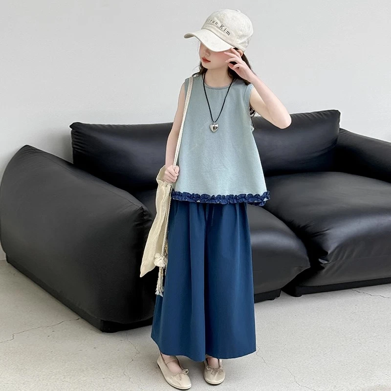 女孩花边牛仔上衣套装2025夏季新款洋气中大童水洗棉阔腿裤两件套