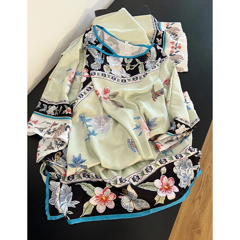 国风嫩绿复古花卉冰丝睡衣女夏季新款宽松大码短袖长裤家居服套装