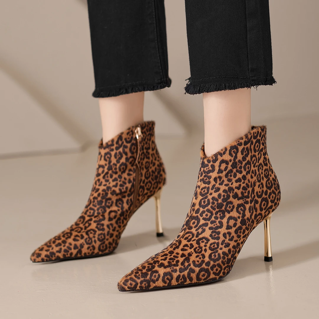7.8cm欧美性感细跟拉链尖头短靴秋冬复古裸靴百搭豹纹时装靴
