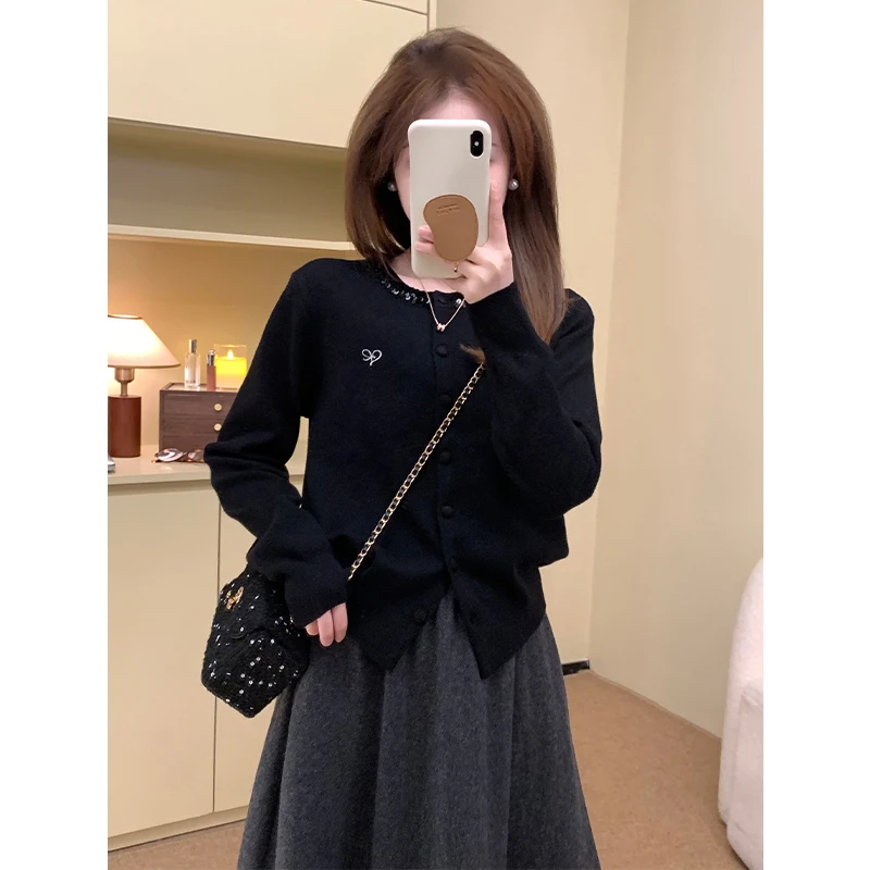 FUGUI RICH小个子亮片毛衣女秋冬黑色百搭毛织开衫 26244MZS2706