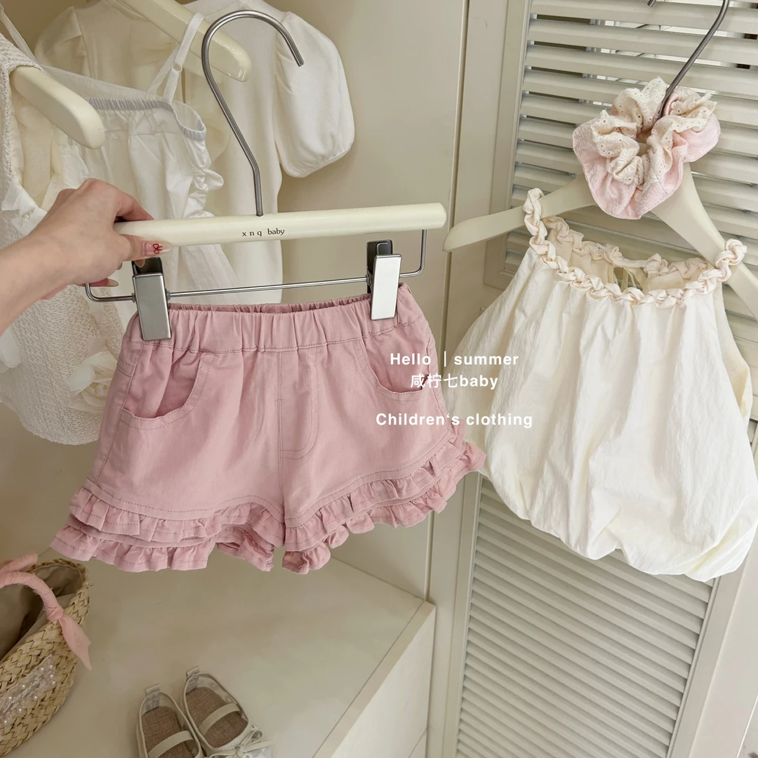 现【咸柠七】韩版童装女童背心夏装新款宝宝洋气吊带花边短裤两件套