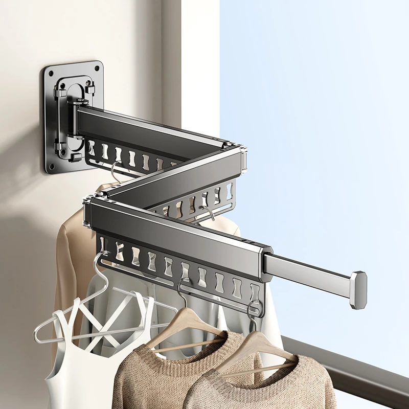 折叠晾衣架阳台家用隐形收缩室内外免打孔凉衣杆壁挂飘窗晒被神器
