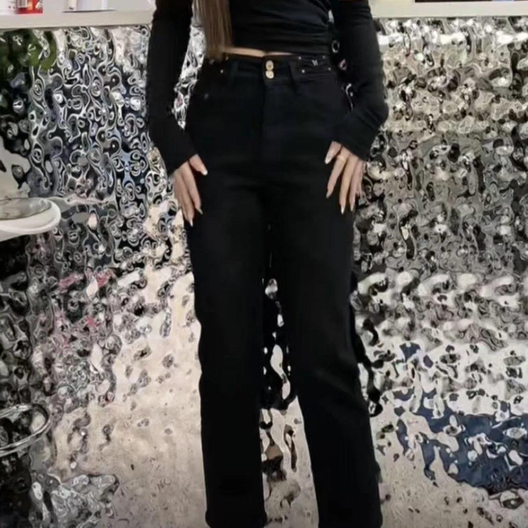 秋冬加绒弹力修身直筒显瘦黑色牛仔裤