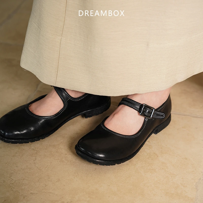 DREAMBOX钧博赫本风极简通勤浅口小皮鞋水洗马皮一字扣玛丽珍单鞋