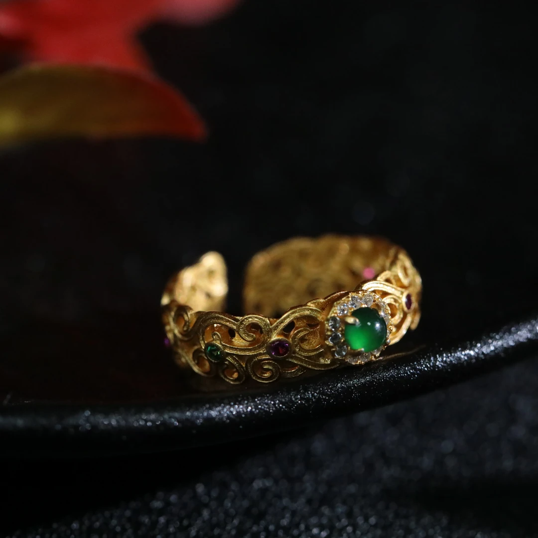 【金缕】S925银镶满色天然A货翡翠方牌戒指优雅甜美古典气质富贵气