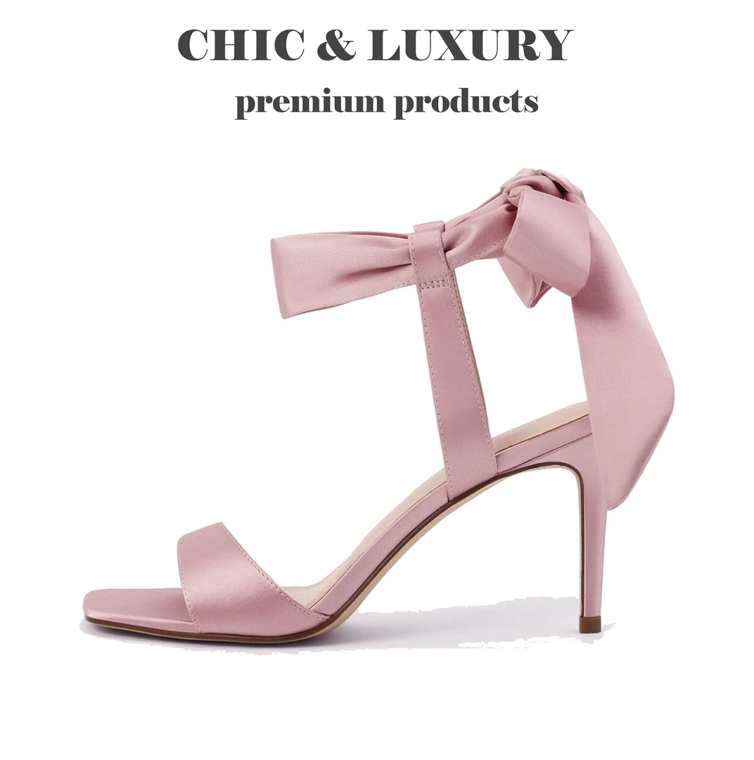 蝴蝶结绑带高跟鞋一字带缎面系带方头中跟优雅仙女绝美高跟凉鞋