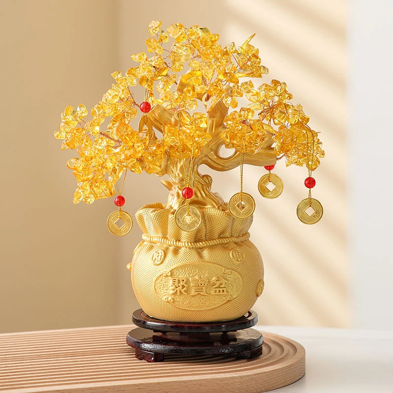 聚宝盆黄水晶叶子摇钱树摆件手工开业礼品创意装饰品玄关新房送礼