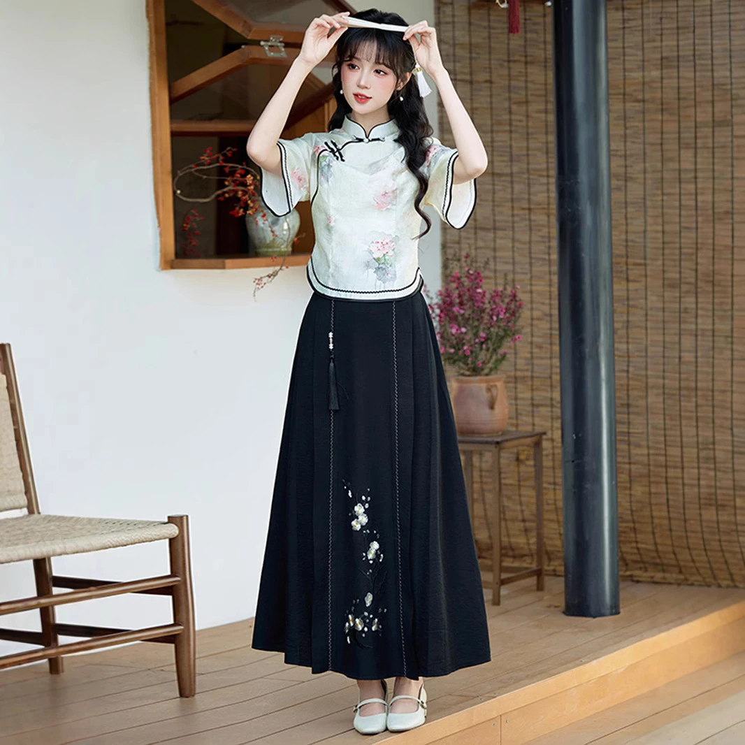 2025春夏新款醋酸印花上衣人棉绣花裙子旗袍两件套文艺小清新旗袍