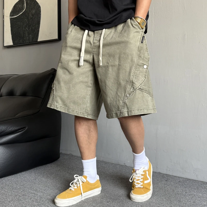 范斯玛夏季美式休闲痞帅重磅大口袋工装短裤男宽松抽绳五分裤子纯