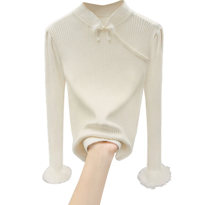 丝柏舍2024秋装新款女装纯色打底减龄新中式盘扣针织衫S43K5334Z