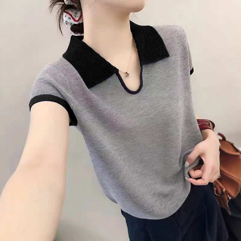 法式翻领撞色别致U型领短袖针织衫女夏季新款设计感气质薄款上衣
