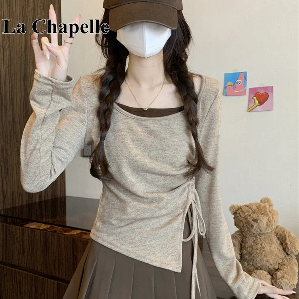 拉夏贝尔法式甜美修身显瘦长袖T恤女2025撞色假两件抽绳开叉上衣