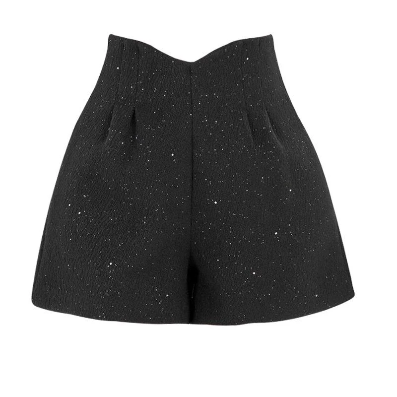 小香风闪闪亮片毛呢阔腿休闲热裤2025夏季新款高腰显瘦百搭短裤女