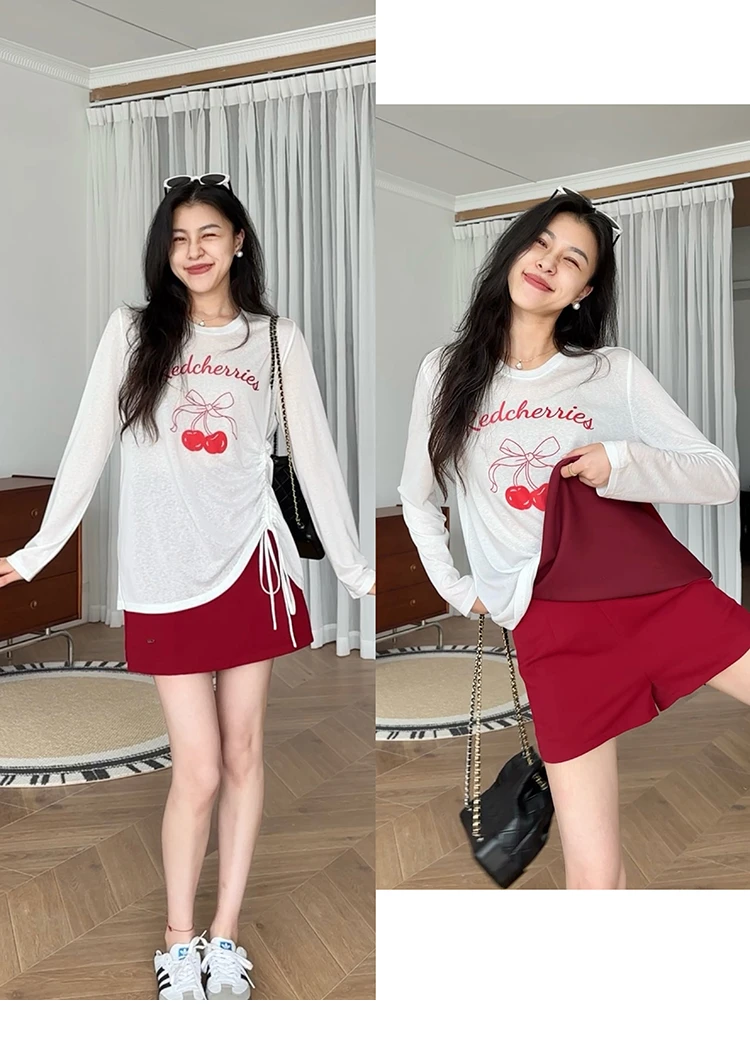 张啊星【色彩灵感】莱赛尔防晒遮肉上衣+显瘦A字红裙裤套装两件套