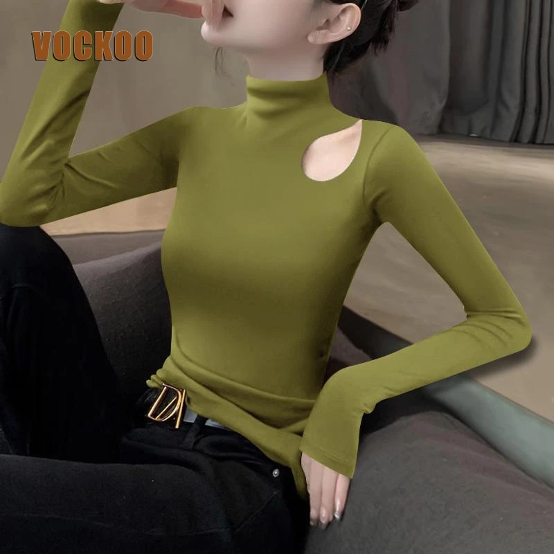 VOCKOO2025新款秋冬半高领镂空设计感修身长袖T恤抹茶绿洋