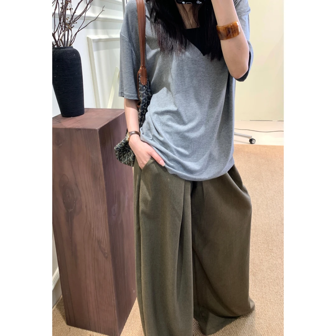 松弛主义韩系宽松短袖T恤女夏瘦上衣质感阔腿慵懒拖地休闲裤套装